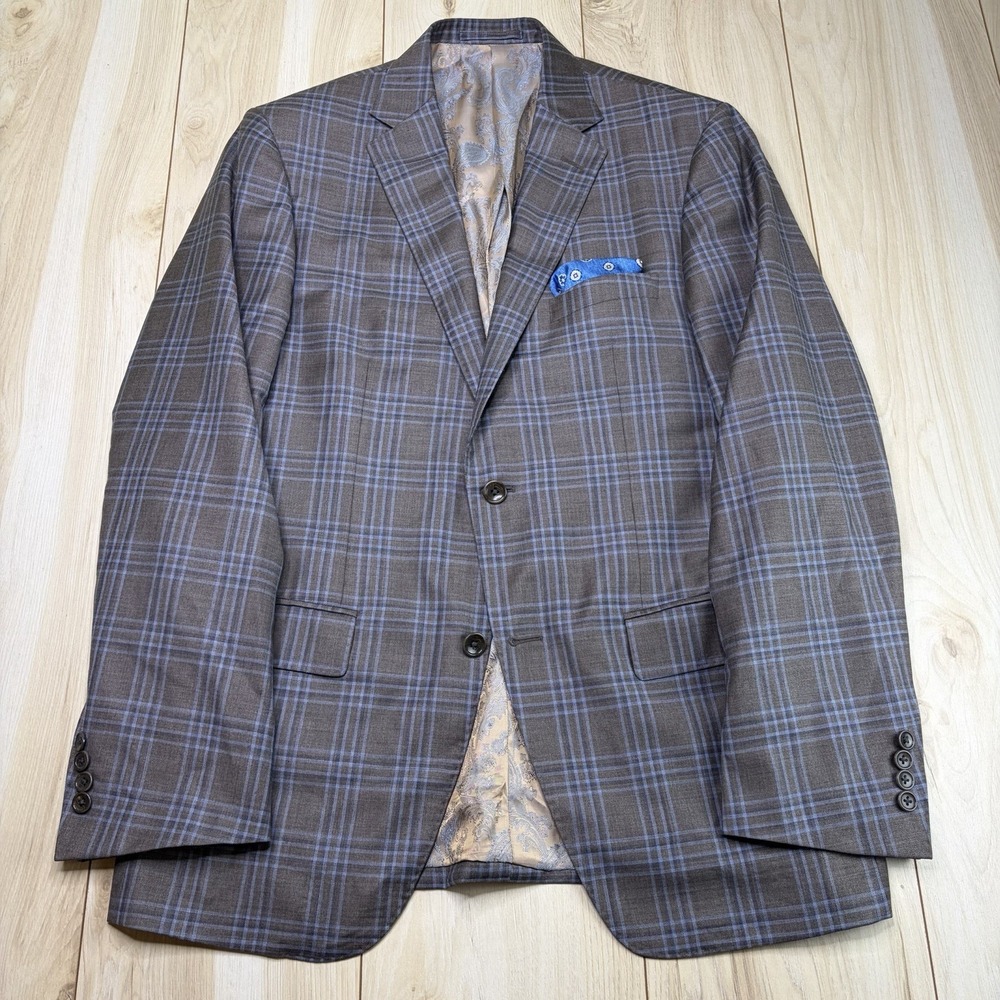 Savile Row Scabal Super 130s Wool Glen Plaid Blazer Mens 40L Brown Blue